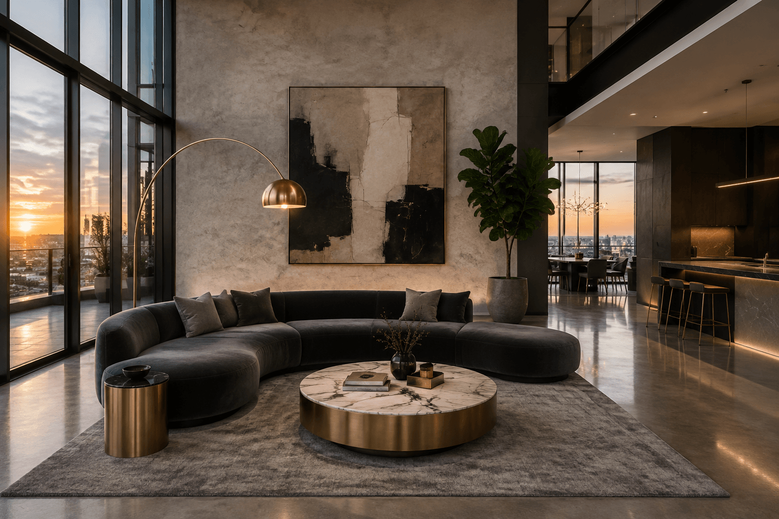 نشیمنی با مبلمان مدرن و چشم‌انداز شهر